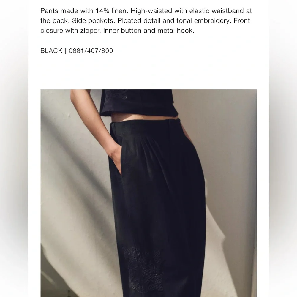 Zara NWT multi pleat linen blend embroidered pants black 0881/407 - Picture 8 of 10